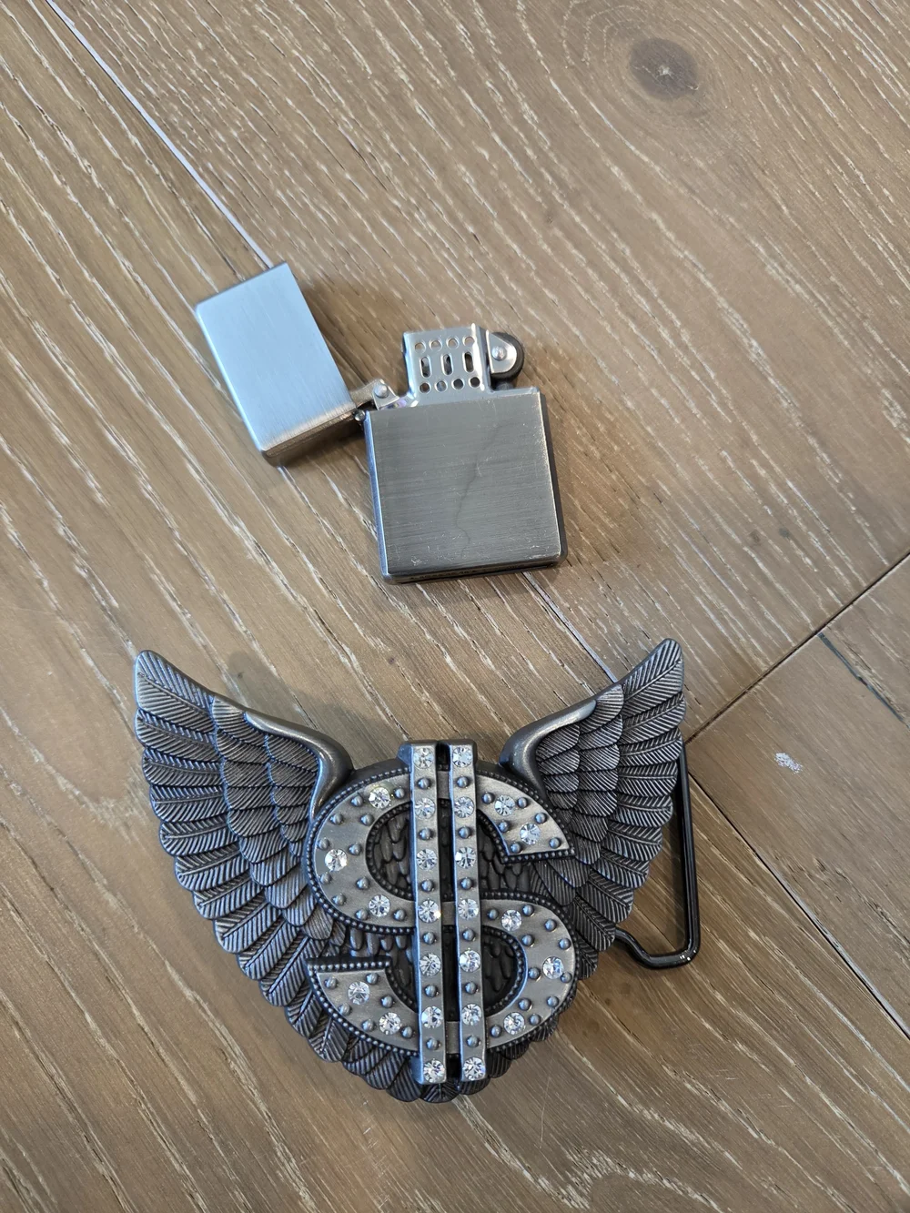 Winged Dollar Sign Rhinestone Belt Buckle with Flip Top Lighter